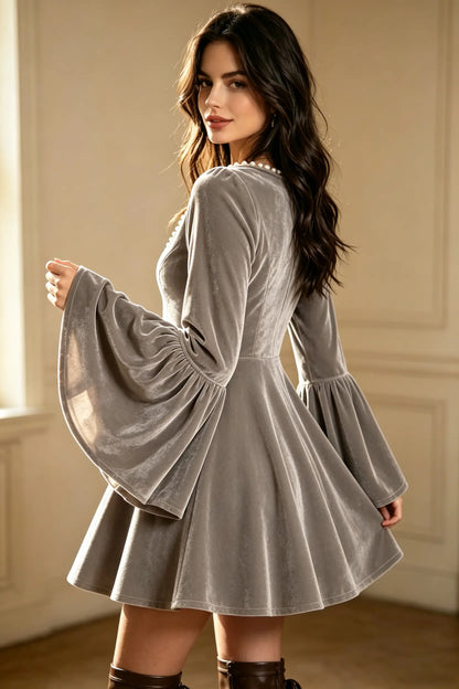 Bohemian Pearl Beaded V-Neck Velvet Flare Sleeve Mini Dress