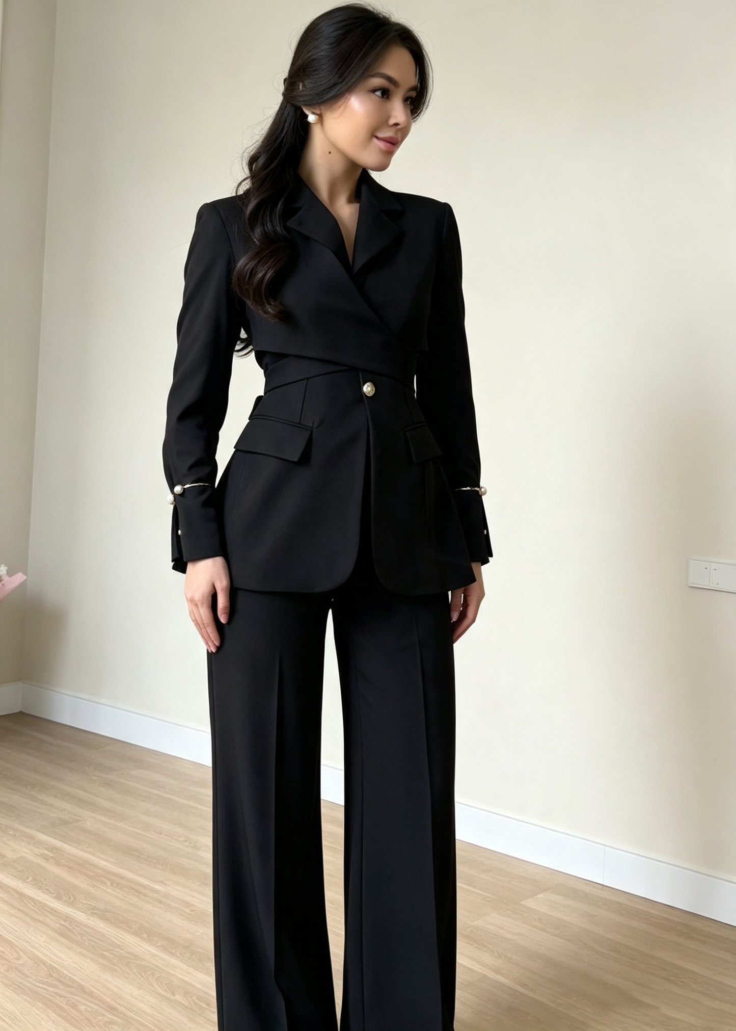 Elegant Wrap-Waist Tailored Blazer & Wide-Leg Pants Set