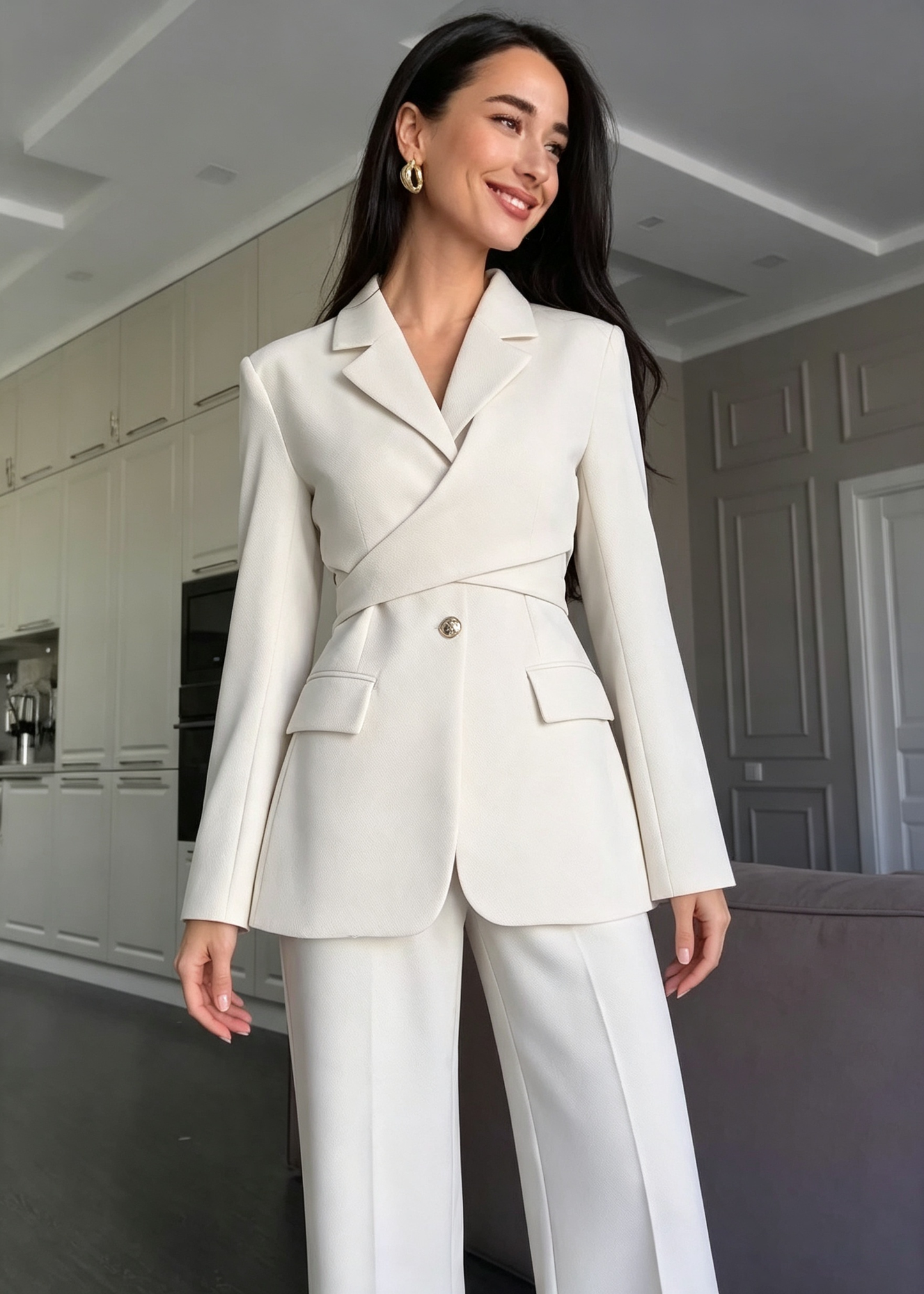Elegant Wrap-Waist Tailored Blazer & Wide-Leg Pants Set