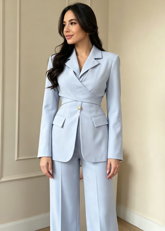 Elegant Wrap-Waist Tailored Blazer & Wide-Leg Pants Set