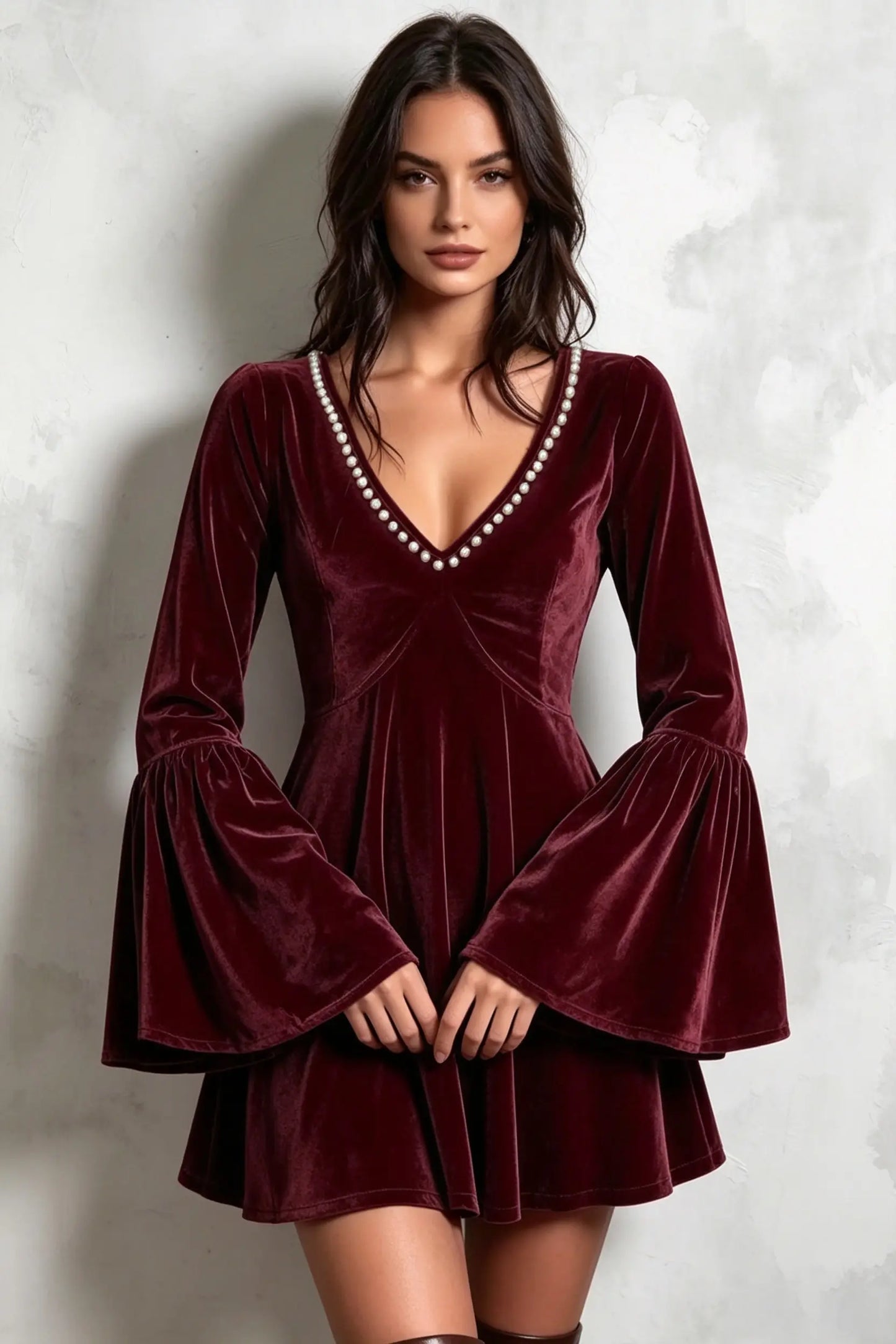 Bohemian Pearl Beaded V-Neck Velvet Flare Sleeve Mini Dress