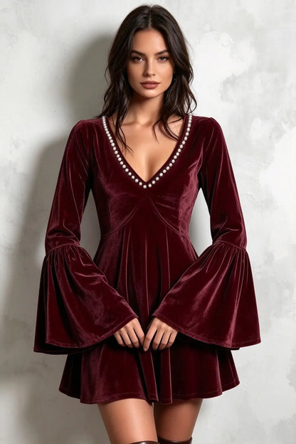 Bohemian Pearl Beaded V-Neck Velvet Flare Sleeve Mini Dress