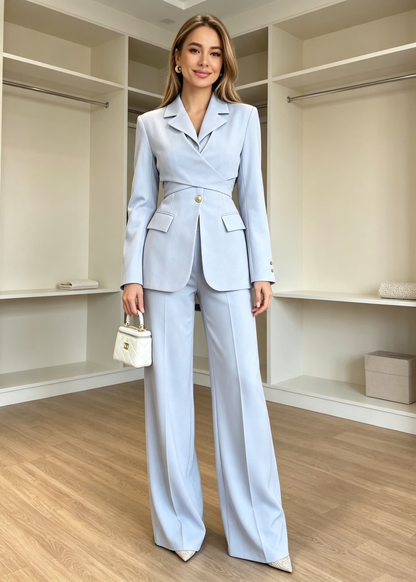 Elegant Wrap-Waist Tailored Blazer & Wide-Leg Pants Set