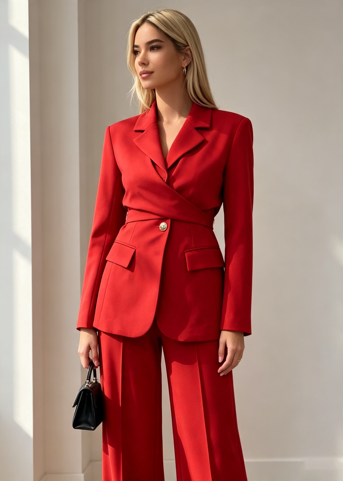 Elegant Wrap-Waist Tailored Blazer & Wide-Leg Pants Set
