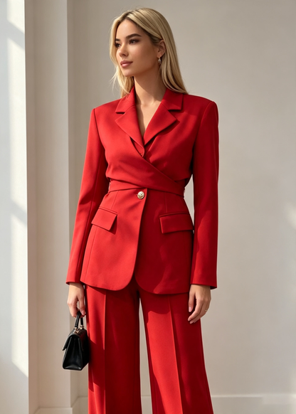 Elegant Wrap-Waist Tailored Blazer & Wide-Leg Pants Set