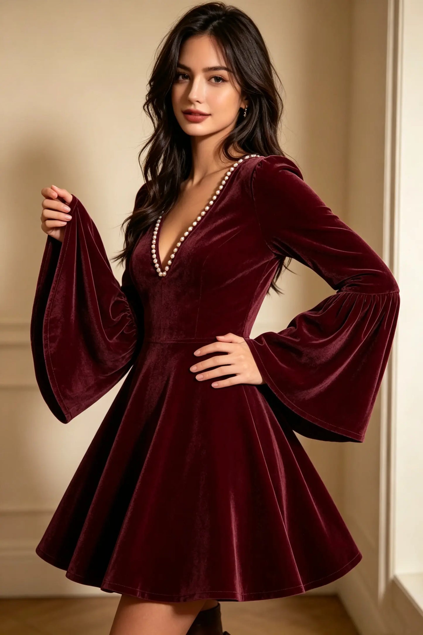 Bohemian Pearl Beaded V-Neck Velvet Flare Sleeve Mini Dress