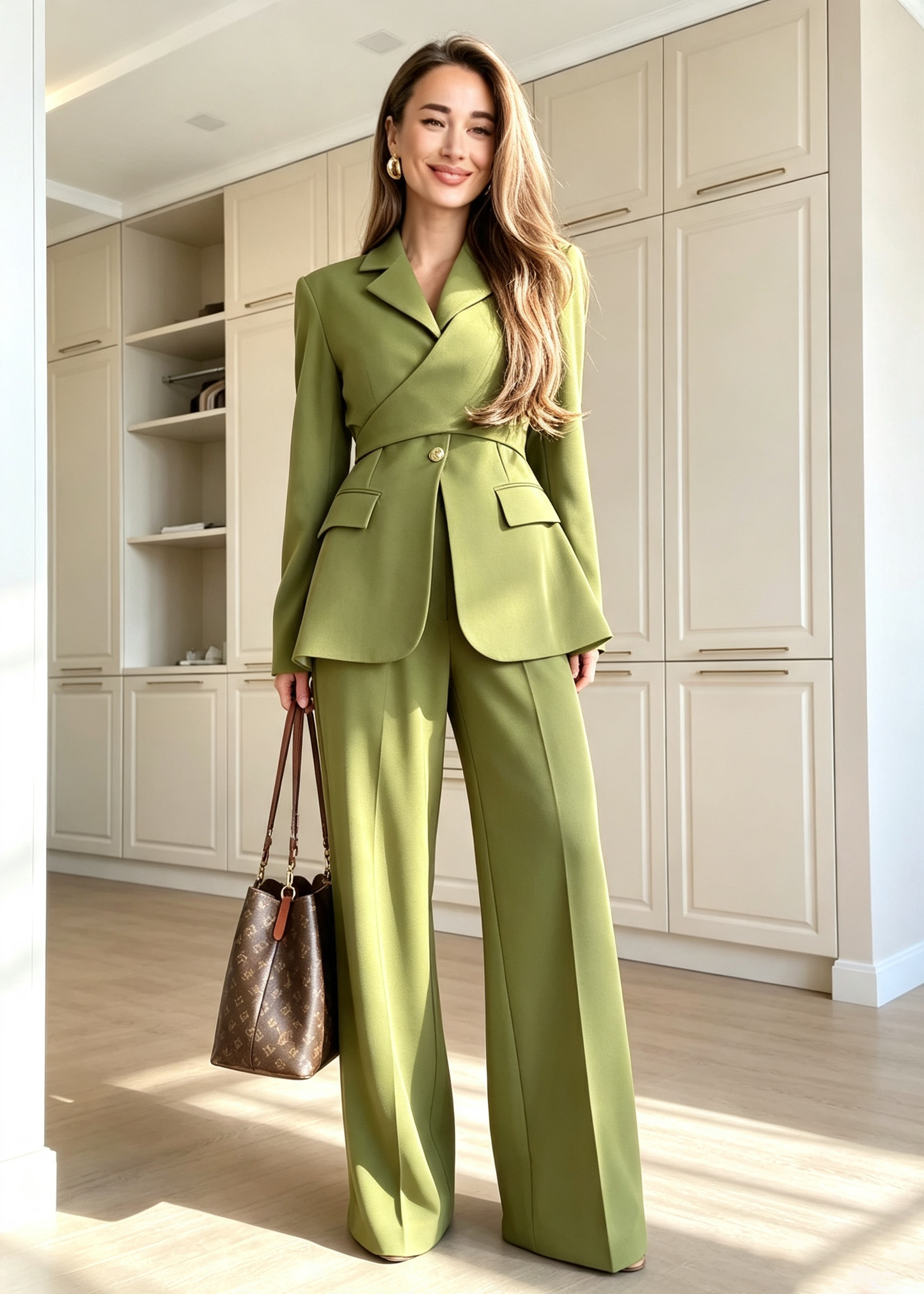 Elegant Wrap-Waist Tailored Blazer & Wide-Leg Pants Set