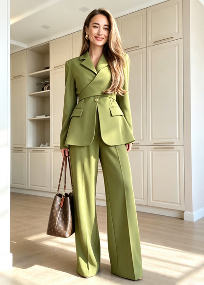 Elegant Wrap-Waist Tailored Blazer & Wide-Leg Pants Set