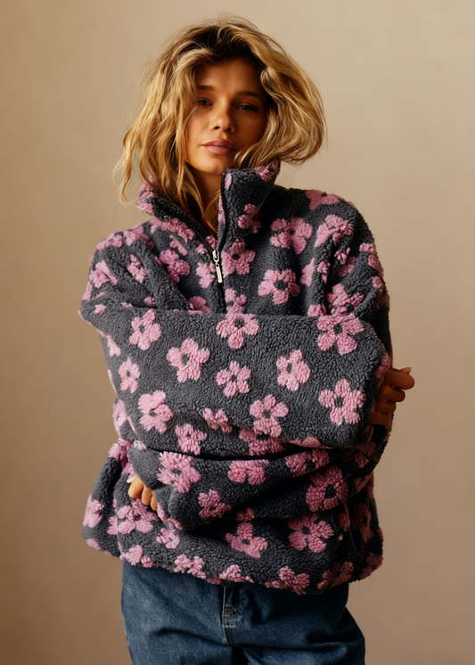 Vintage Floral Fleece Jacket – Cozy High-Neck Retro Loose Fit Women’s Outerwear