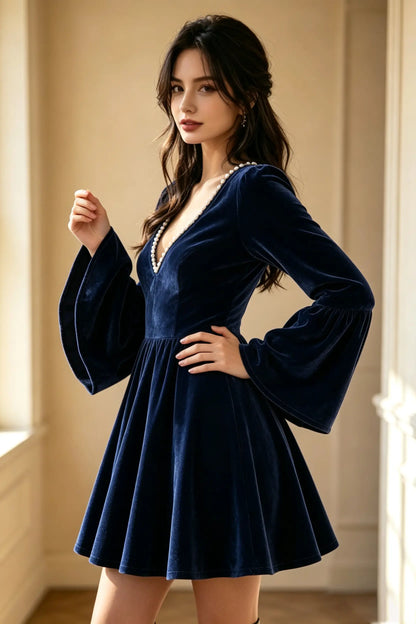 Bohemian Pearl Beaded V-Neck Velvet Flare Sleeve Mini Dress