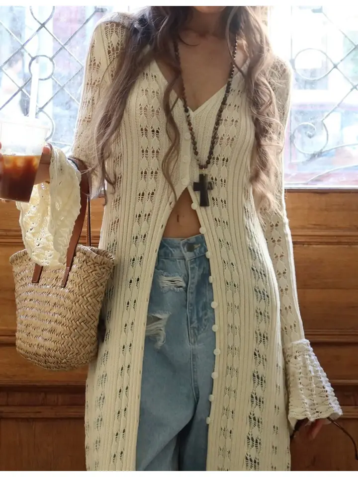 Extra-Long Knit Bell-Sleeve Cardigan