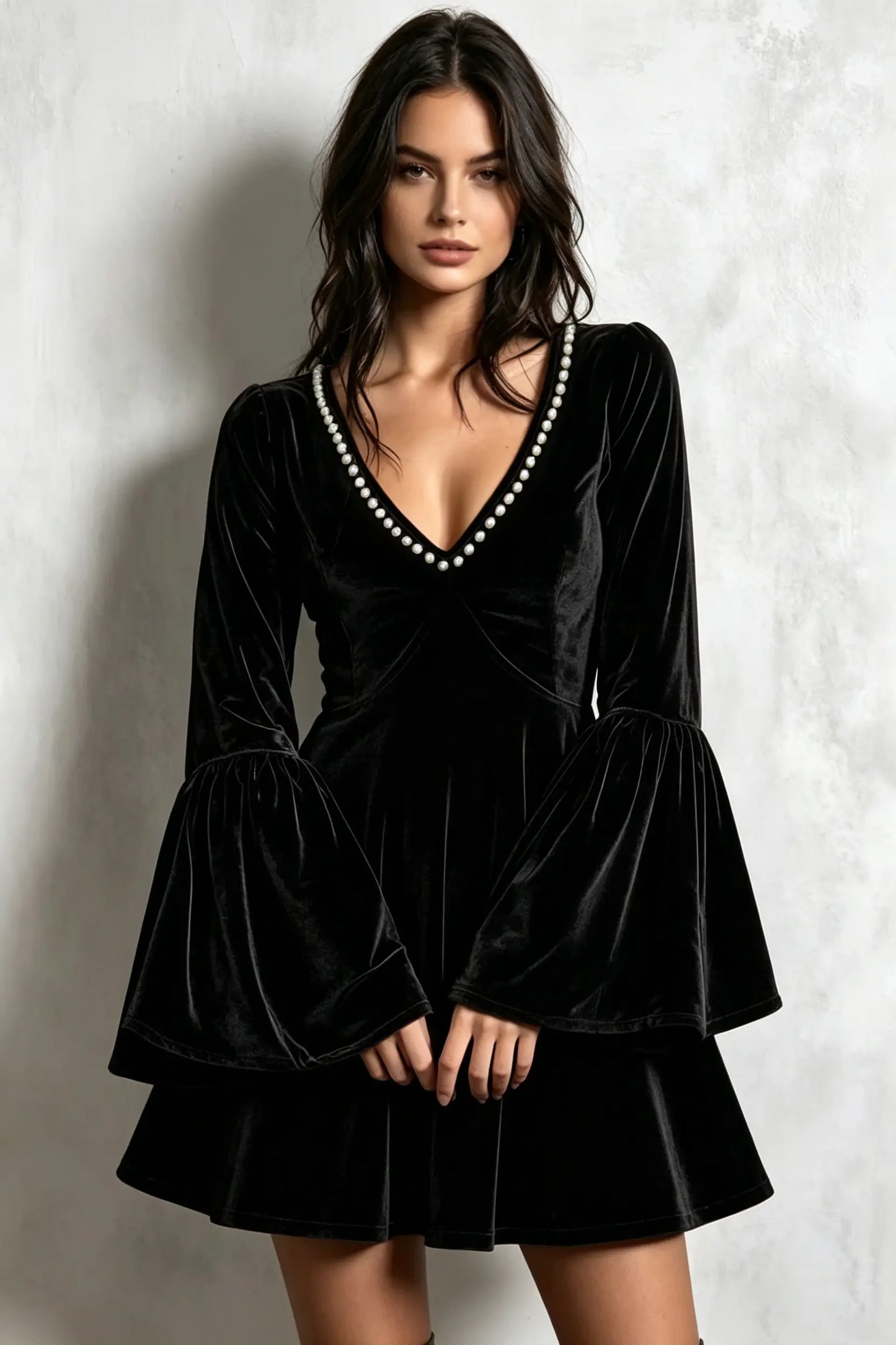 Bohemian Pearl Beaded V-Neck Velvet Flare Sleeve Mini Dress