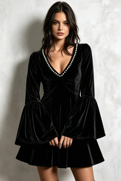 Bohemian Pearl Beaded V-Neck Velvet Flare Sleeve Mini Dress