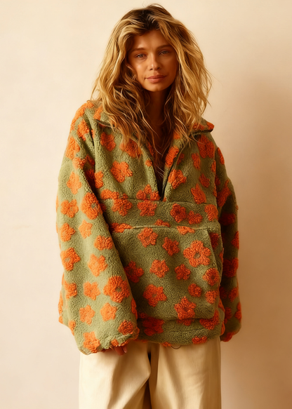 Vintage Floral Fleece Jacket – Cozy High-Neck Retro Loose Fit Women’s Outerwear