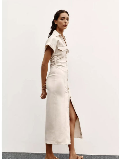 Single-button slim-fit denim dress