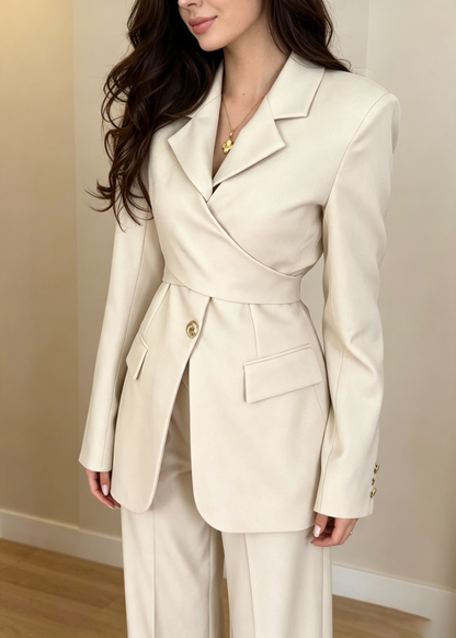 Elegant Wrap-Waist Tailored Blazer & Wide-Leg Pants Set