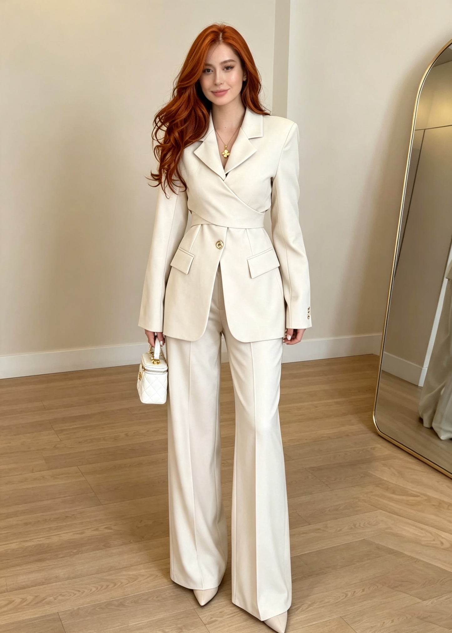 Elegant Wrap-Waist Tailored Blazer & Wide-Leg Pants Set