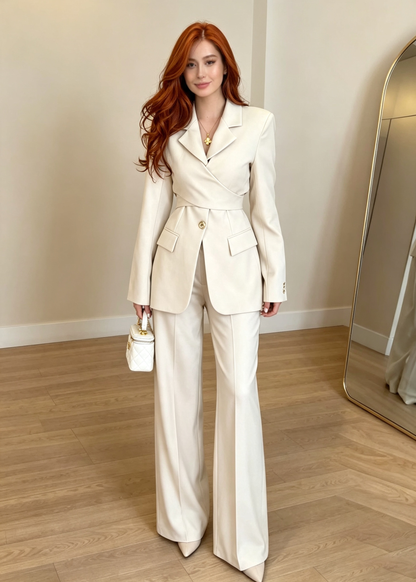 Elegant Wrap-Waist Tailored Blazer & Wide-Leg Pants Set