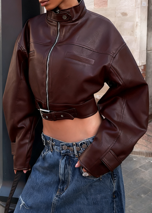 Retro Biker Style Stand Collar Leather Jacket