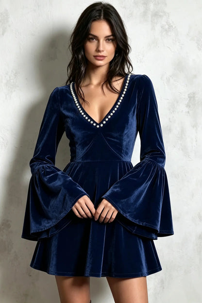 Bohemian Pearl Beaded V-Neck Velvet Flare Sleeve Mini Dress