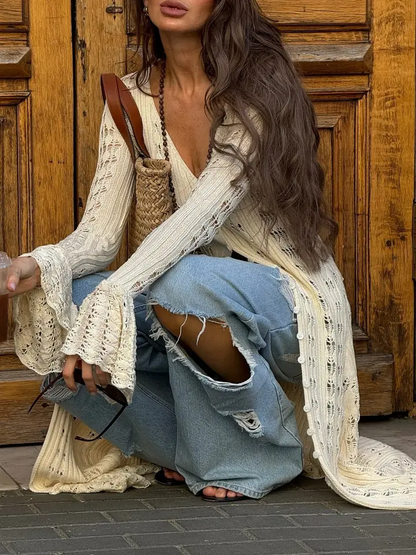 Extra-Long Knit Bell-Sleeve Cardigan