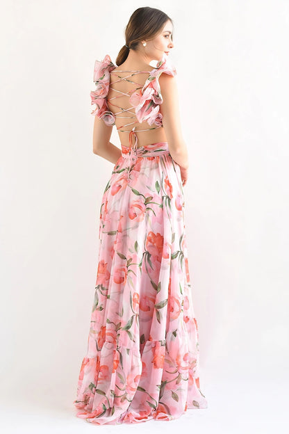 Floral Ruffle Chiffon Maxi Dress