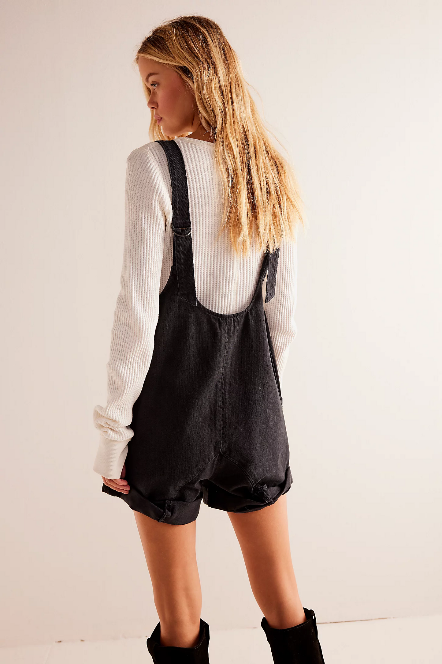 Washed Denim Romper with Adjustable Straps and Pockets