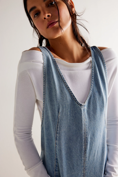 Washed Denim Romper with Adjustable Straps and Pockets