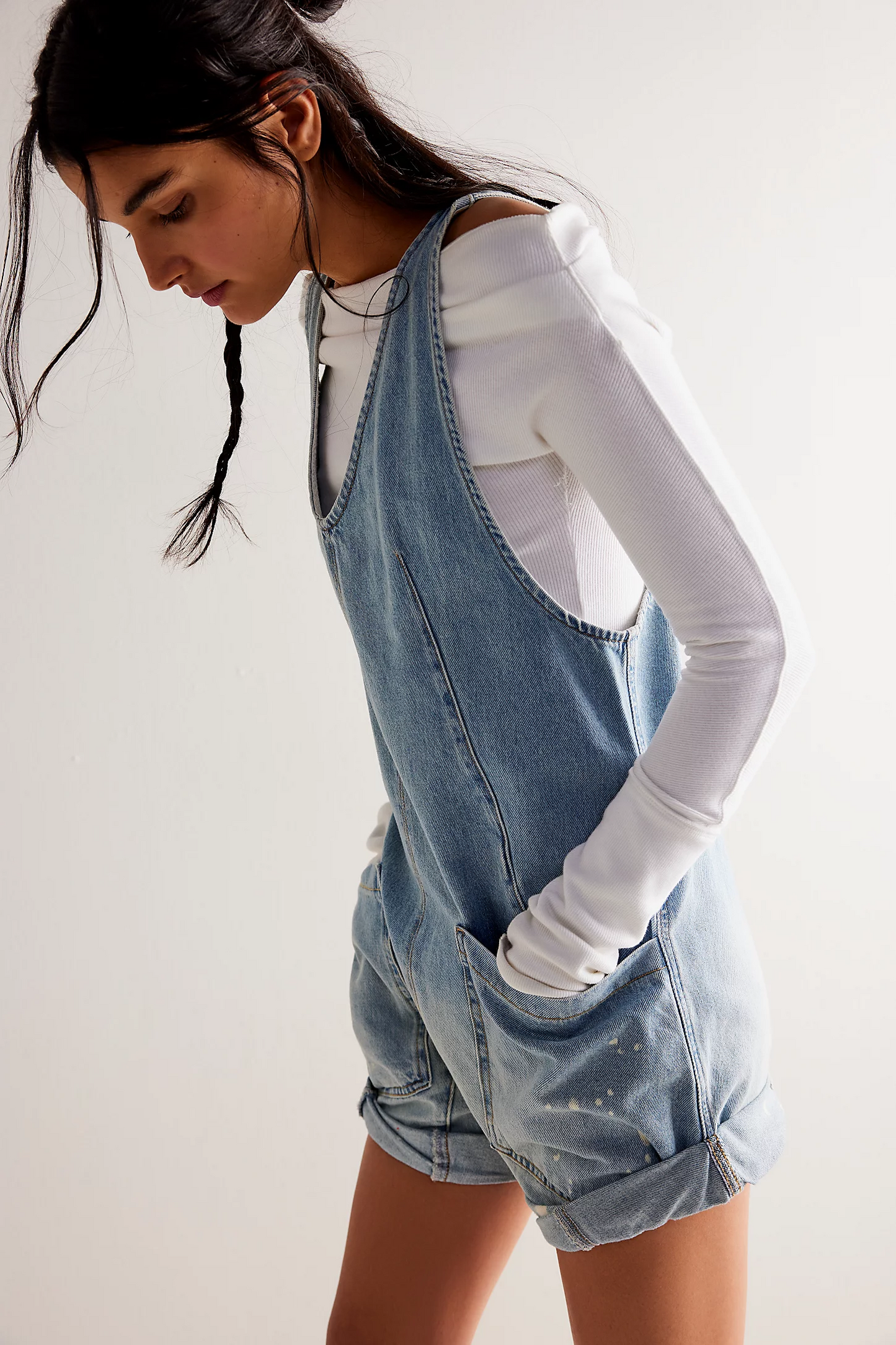 Washed Denim Romper with Adjustable Straps and Pockets