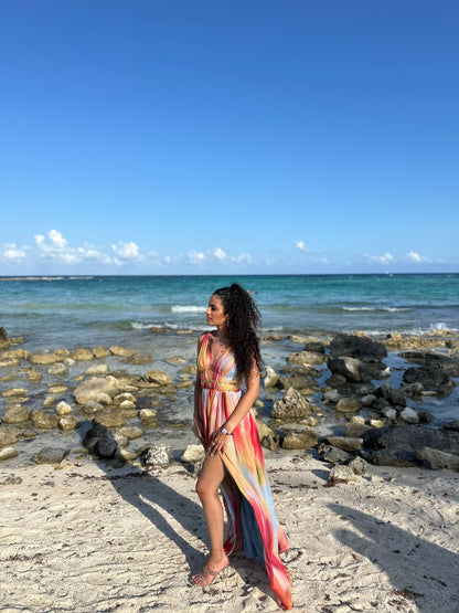 Backless Printed Tie-Up Split Maxi Dress