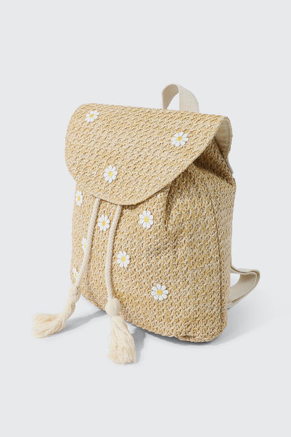 Daisy Embellished Woven Straw Backpack