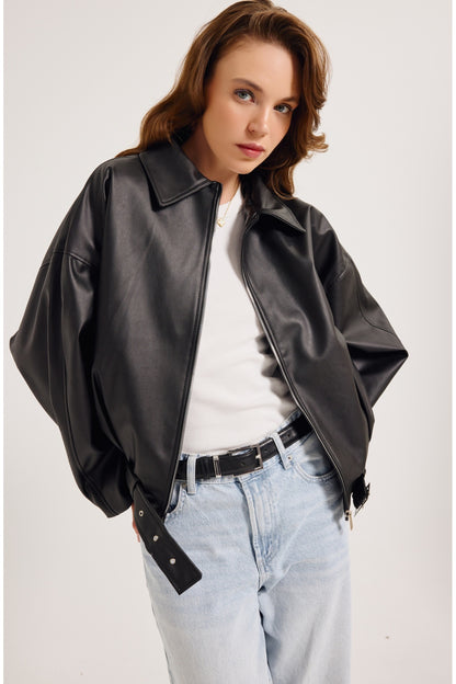 Oversized Faux Leather Jacket for Women