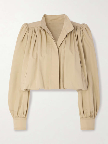 British-Inspired Cropped Trench Coat with Puff Sleeves