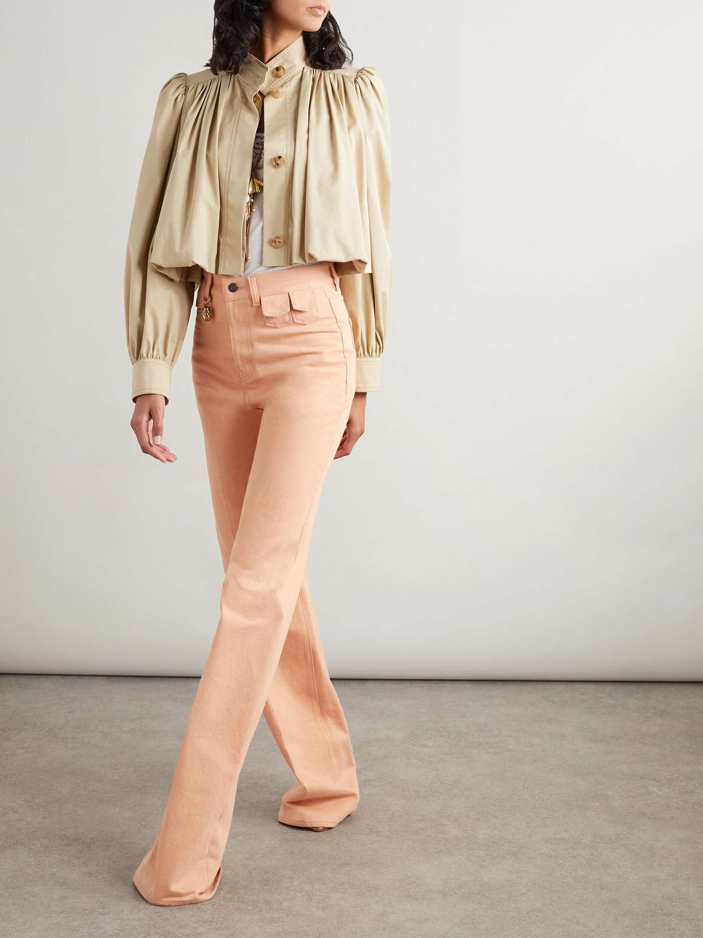 British-Inspired Cropped Trench Coat with Puff Sleeves