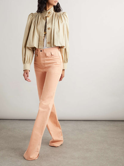 British-Inspired Cropped Trench Coat with Puff Sleeves