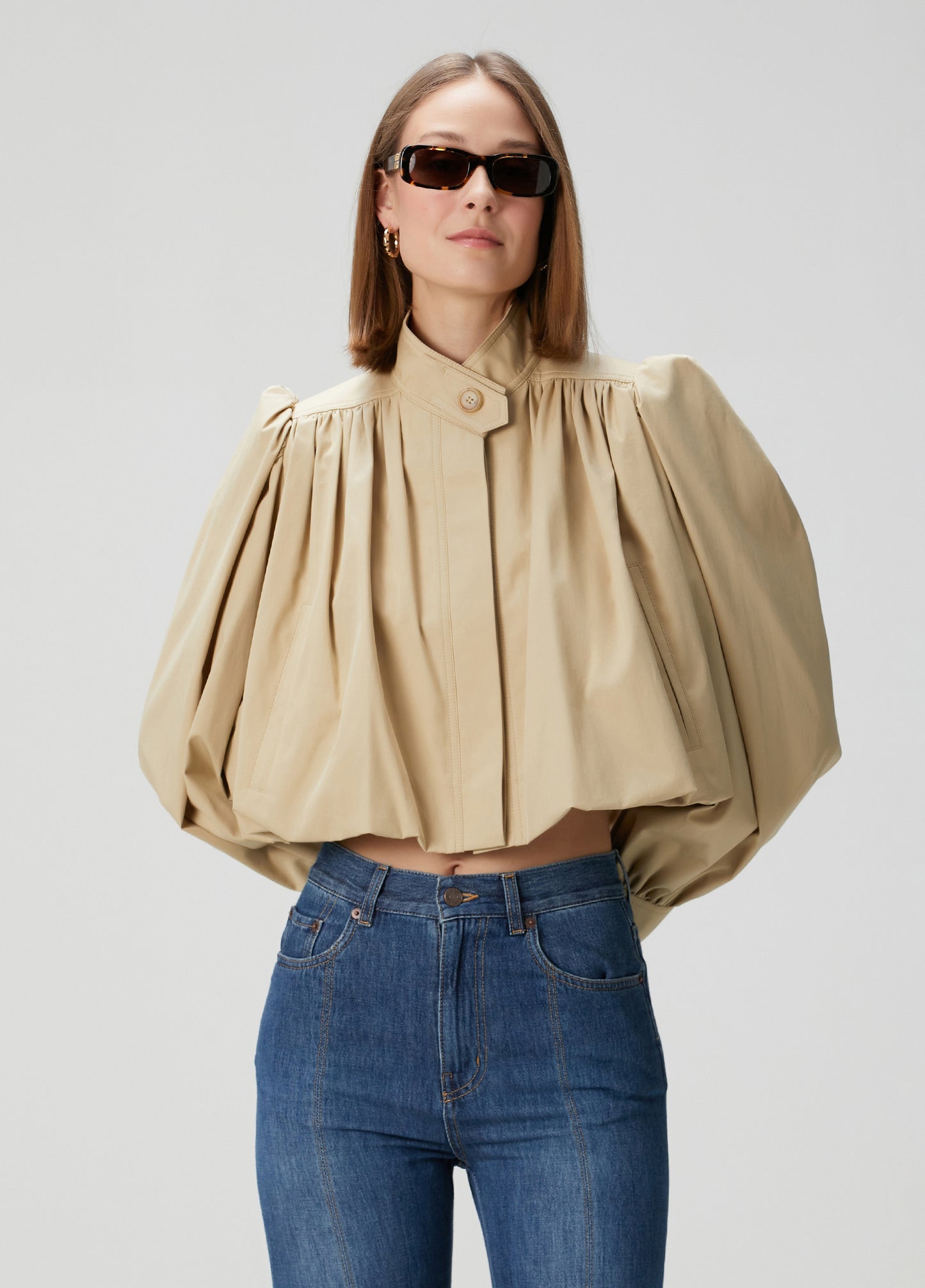 British-Inspired Cropped Trench Coat with Puff Sleeves