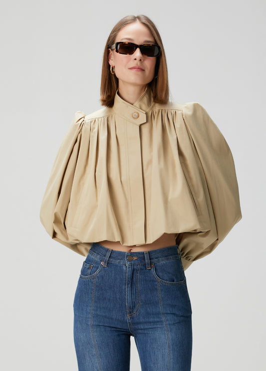 British-Inspired Cropped Trench Coat with Puff Sleeves