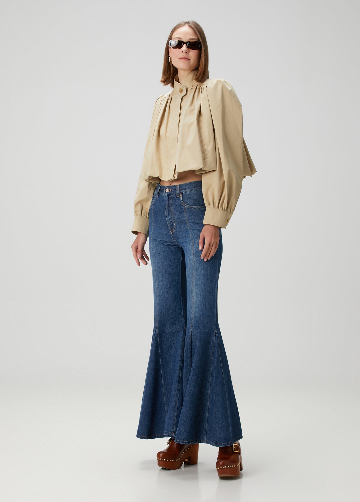 British-Inspired Cropped Trench Coat with Puff Sleeves