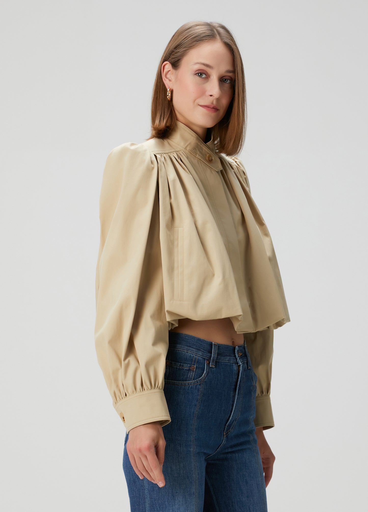 British-Inspired Cropped Trench Coat with Puff Sleeves