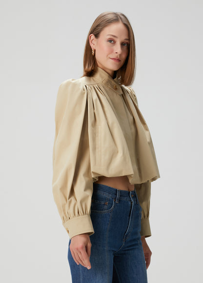 British-Inspired Cropped Trench Coat with Puff Sleeves