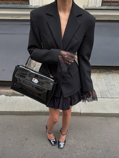 Elegant Lace-Trimmed Black Blazer