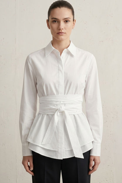 Elegant Wrap Corset Cinch Waist Button-Down Shirt Blouse