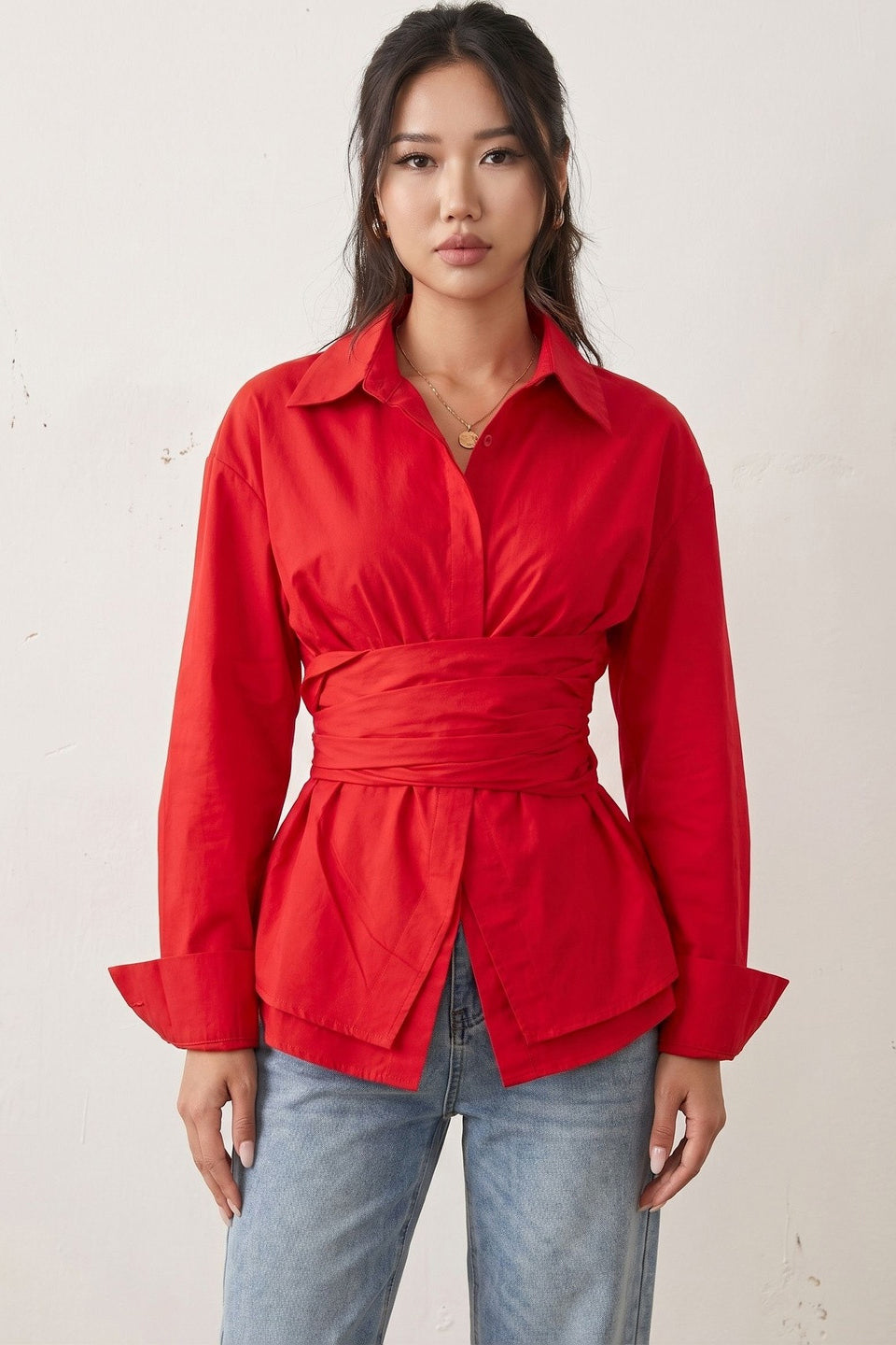 Elegant Wrap Corset Cinch Waist Button-Down Shirt Blouse
