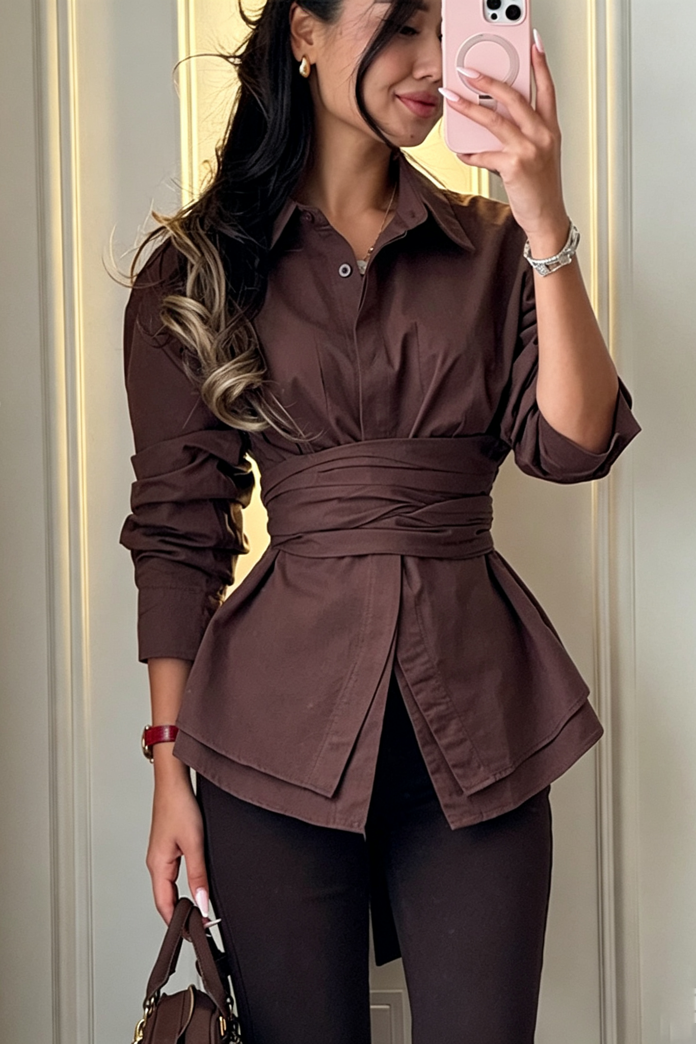 Elegant Wrap Corset Cinch Waist Button-Down Shirt Blouse