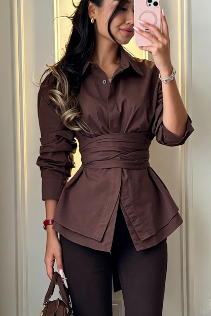 Elegant Wrap Corset Cinch Waist Button-Down Shirt Blouse