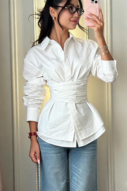 Elegant Wrap Corset Cinch Waist Button-Down Shirt Blouse