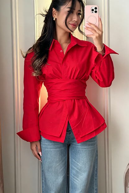 Elegant Wrap Corset Cinch Waist Button-Down Shirt Blouse