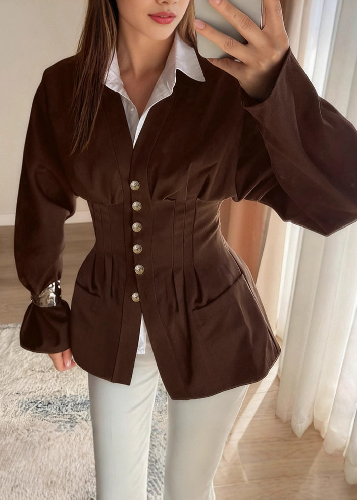 Elegant French-Style V-Neck Waist-Cinched Long Sleeve Blouse for Women – Autumn Slim Fit Shirt Top
