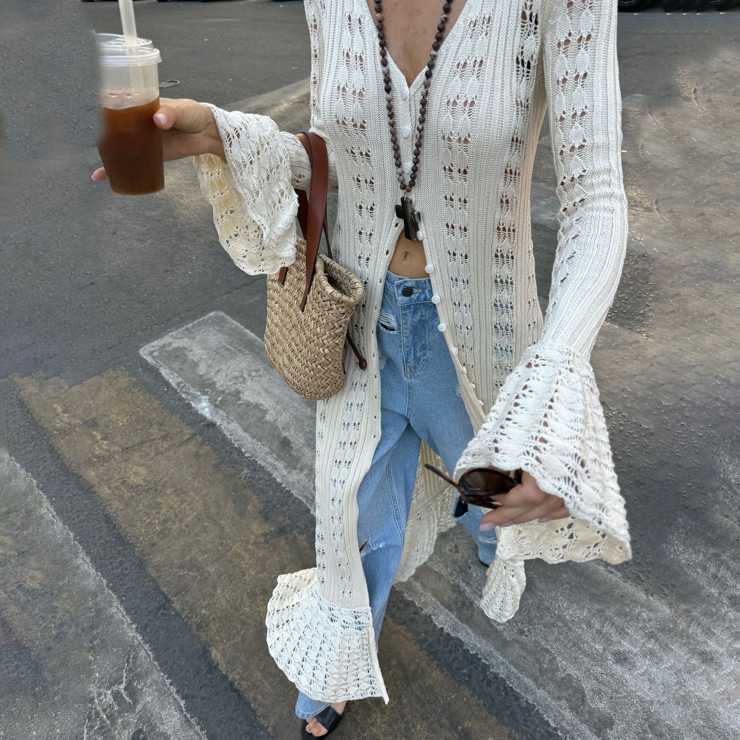 Extra-Long Knit Bell-Sleeve Cardigan
