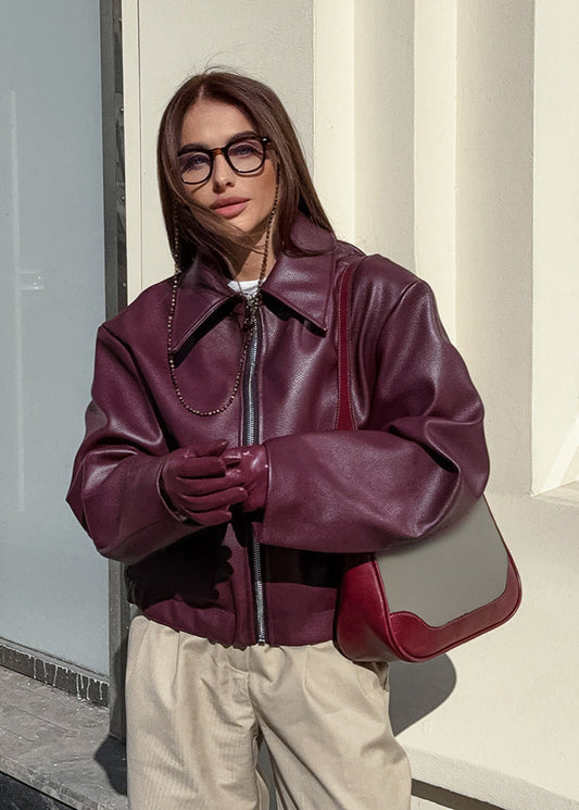Burgundy Lapel Faux Leather Jacket